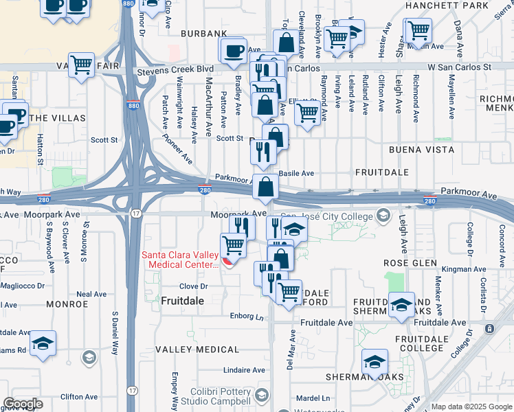 map of restaurants, bars, coffee shops, grocery stores, and more near 579 South Bascom Avenue in San Jose