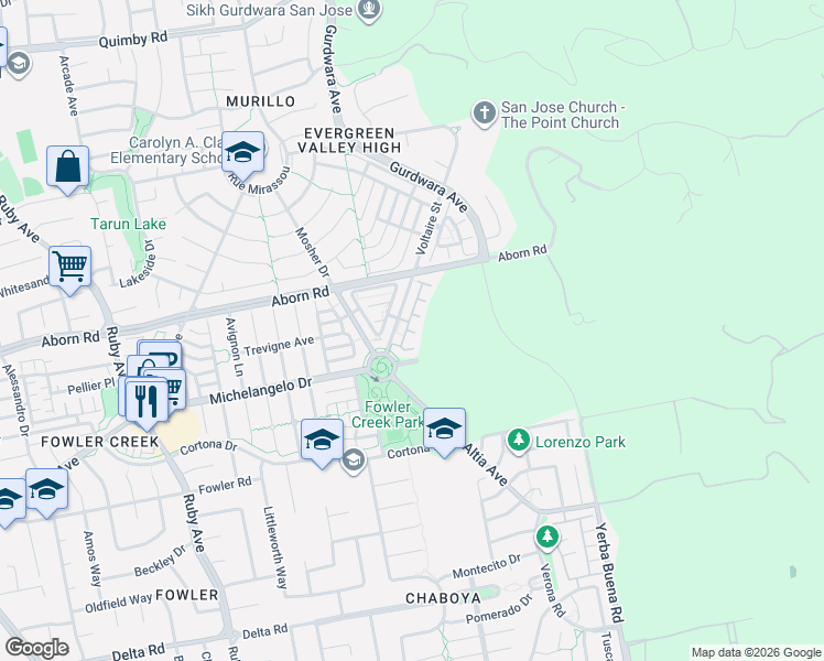 map of restaurants, bars, coffee shops, grocery stores, and more near 4265 Voltaire Street in San Jose