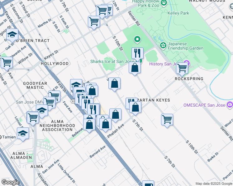 map of restaurants, bars, coffee shops, grocery stores, and more near 1506 South 7th Street in San Jose