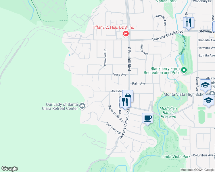 map of restaurants, bars, coffee shops, grocery stores, and more near 10413 Meadow Place in Cupertino