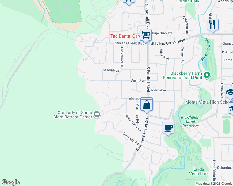 map of restaurants, bars, coffee shops, grocery stores, and more near 10404 Melissa Court in Cupertino