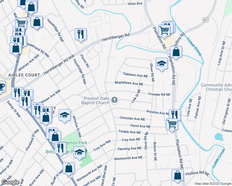map of restaurants, bars, coffee shops, grocery stores, and more near 130 Frontier Road Northeast in Roanoke