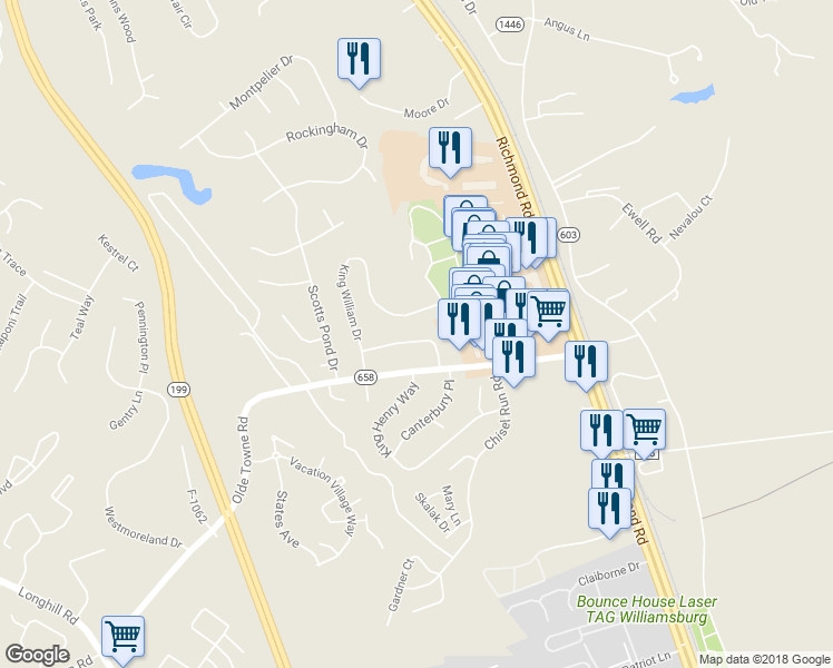 map of restaurants, bars, coffee shops, grocery stores, and more near 115 Queen Mary Court in Williamsburg