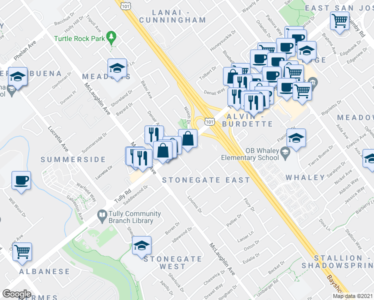 map of restaurants, bars, coffee shops, grocery stores, and more near 1450 Tully Road in San Jose
