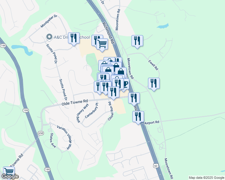 map of restaurants, bars, coffee shops, grocery stores, and more near 5600 Richmond Road in Williamsburg