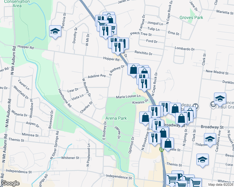 map of restaurants, bars, coffee shops, grocery stores, and more near 801 Rodney Vista Boulevard in Cape Girardeau