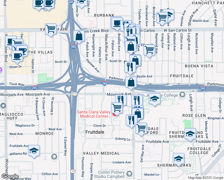 map of restaurants, bars, coffee shops, grocery stores, and more near 2373 Moorpark Avenue in San Jose