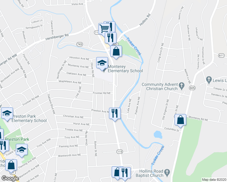 map of restaurants, bars, coffee shops, grocery stores, and more near 4425 Plantation Road Northeast in Roanoke