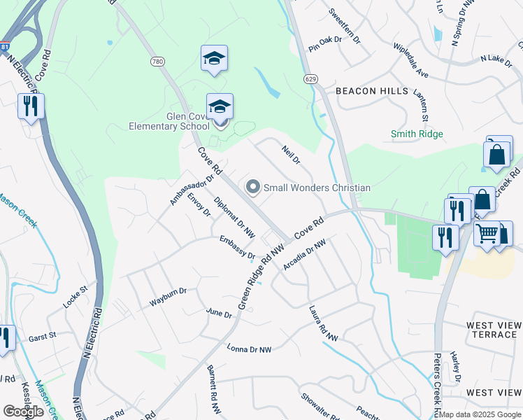 map of restaurants, bars, coffee shops, grocery stores, and more near 5701 Glen Haven Drive in Roanoke