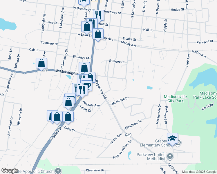 map of restaurants, bars, coffee shops, grocery stores, and more near 701-799 South Franklin Street in Madisonville