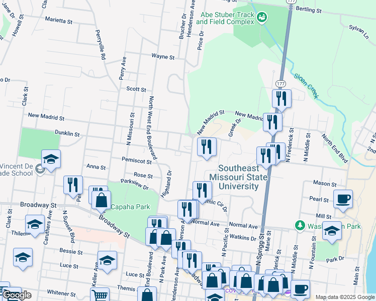 map of restaurants, bars, coffee shops, grocery stores, and more near 811 North Henderson Street in Cape Girardeau