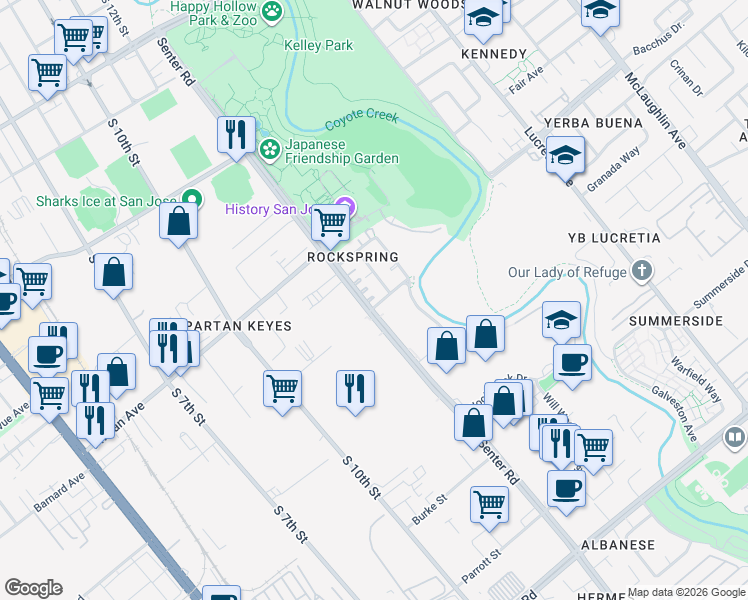 map of restaurants, bars, coffee shops, grocery stores, and more near 1804 Senter Road in San Jose