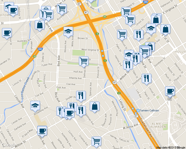 map of restaurants, bars, coffee shops, grocery stores, and more near 363 Hull Avenue in San Jose