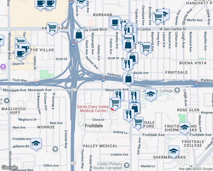 map of restaurants, bars, coffee shops, grocery stores, and more near 2373 Moorpark Avenue in San Jose