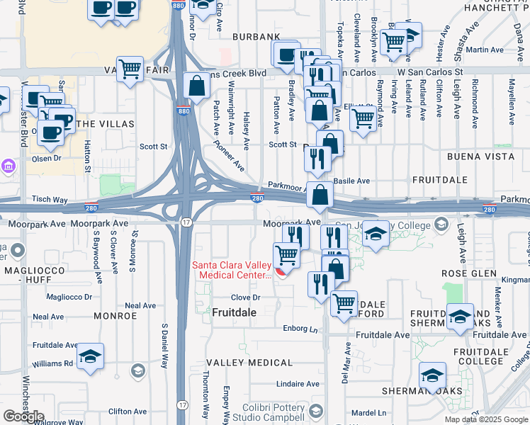 map of restaurants, bars, coffee shops, grocery stores, and more near 2373 Moorpark Avenue in San Jose