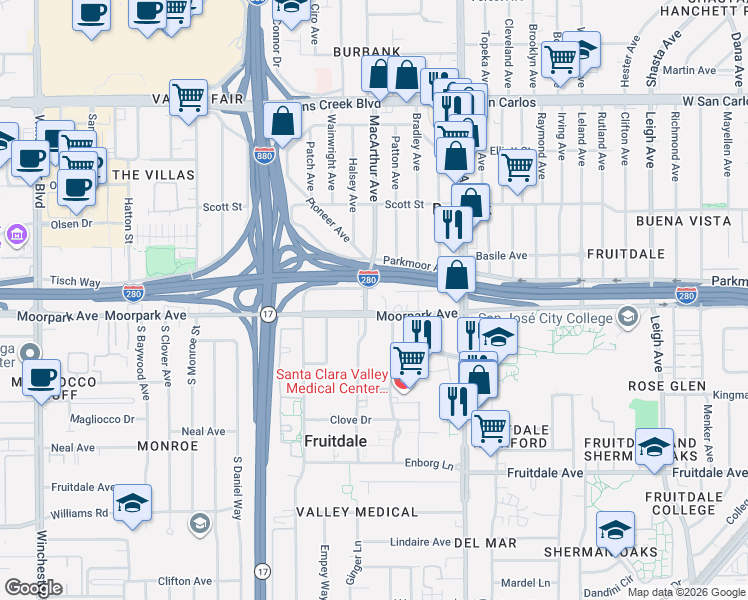 map of restaurants, bars, coffee shops, grocery stores, and more near 2373 Moorpark Avenue in San Jose