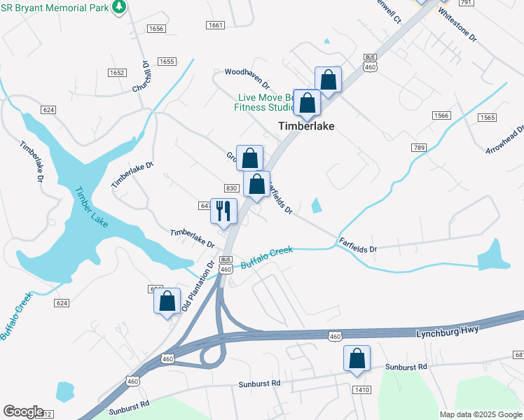 map of restaurants, bars, coffee shops, grocery stores, and more near 22618 Timberlake Road in Lynchburg