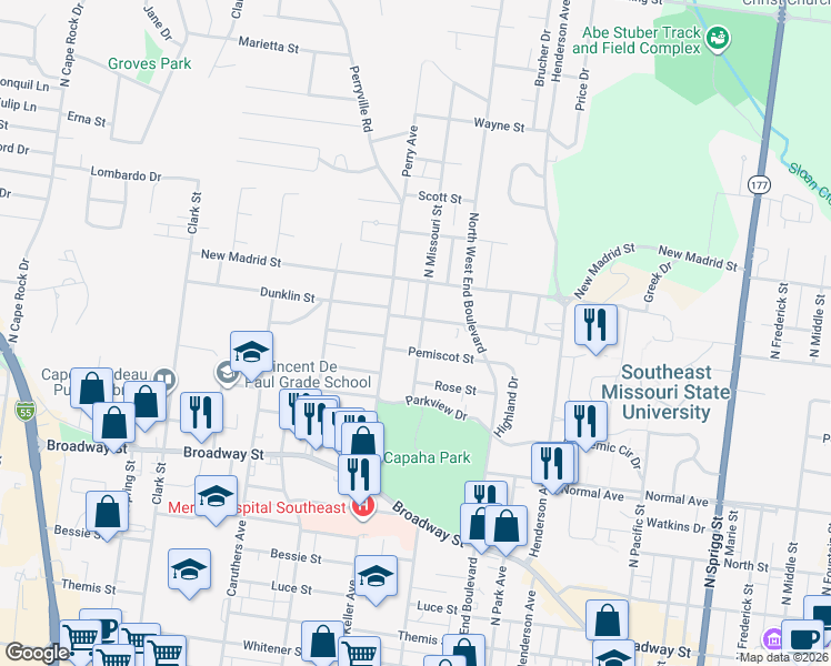 map of restaurants, bars, coffee shops, grocery stores, and more near 1619 Dunklin Street in Cape Girardeau
