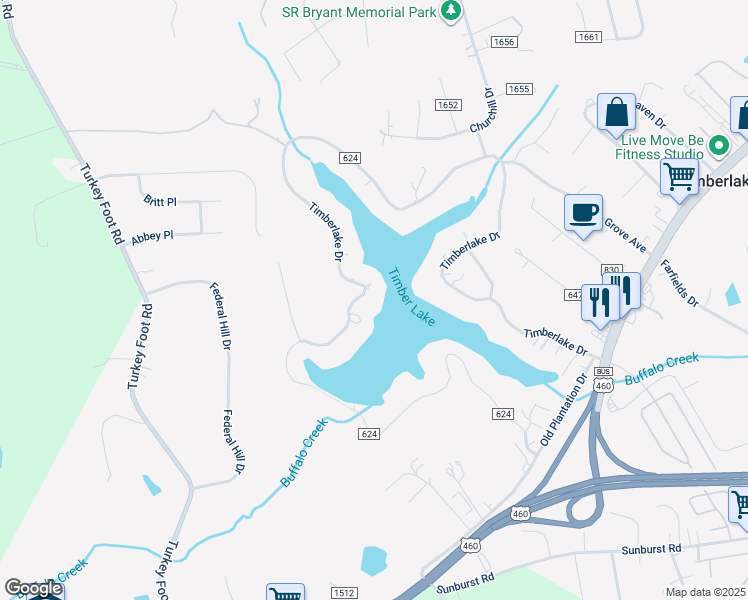 map of restaurants, bars, coffee shops, grocery stores, and more near 1890 Timberlake Drive in Lynchburg