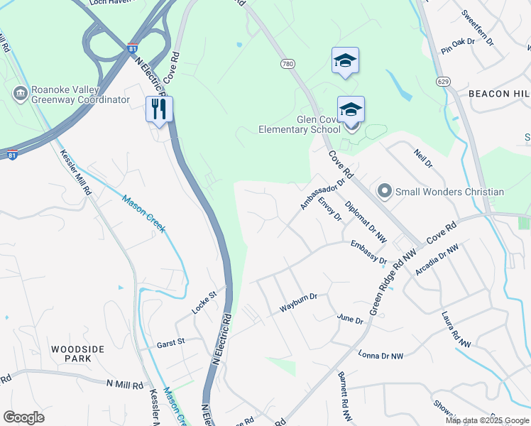 map of restaurants, bars, coffee shops, grocery stores, and more near 5621 Legate Drive in Roanoke