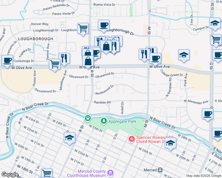 map of restaurants, bars, coffee shops, grocery stores, and more near 965 Northwood Drive in Merced
