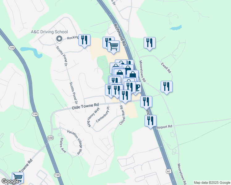 map of restaurants, bars, coffee shops, grocery stores, and more near 5601 Richmond Road in Williamsburg
