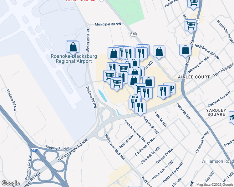 map of restaurants, bars, coffee shops, grocery stores, and more near 5050 Rutgers Street Northwest in Roanoke