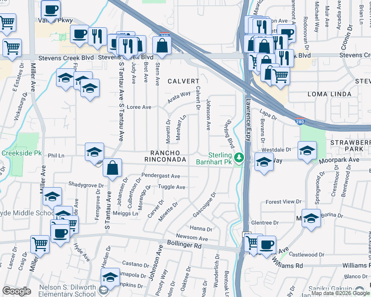map of restaurants, bars, coffee shops, grocery stores, and more near 10405 Wunderlich Drive in Cupertino