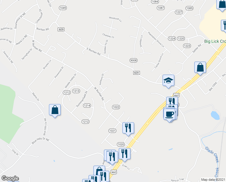 map of restaurants, bars, coffee shops, grocery stores, and more near 1621 West Ruritan Road in Roanoke