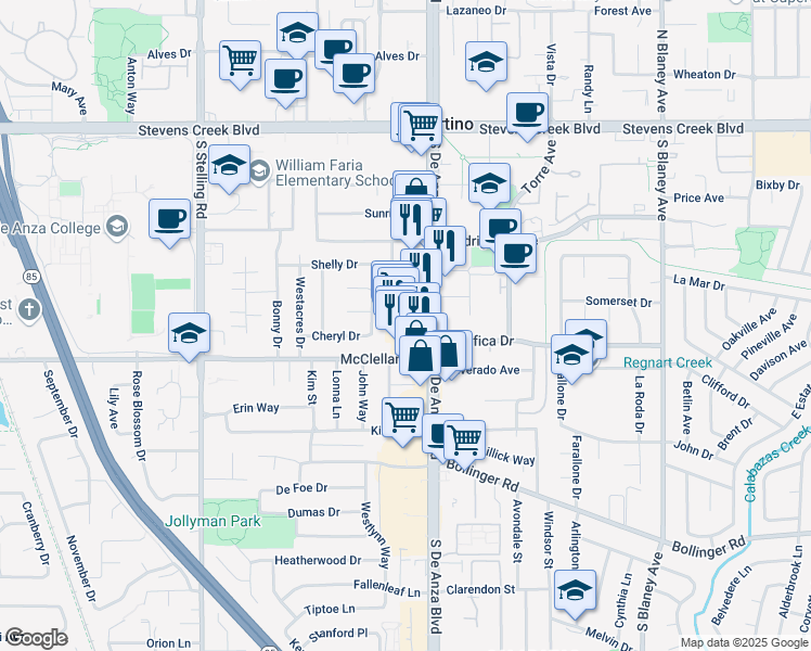 map of restaurants, bars, coffee shops, grocery stores, and more near 10425 South De Anza Boulevard in Cupertino
