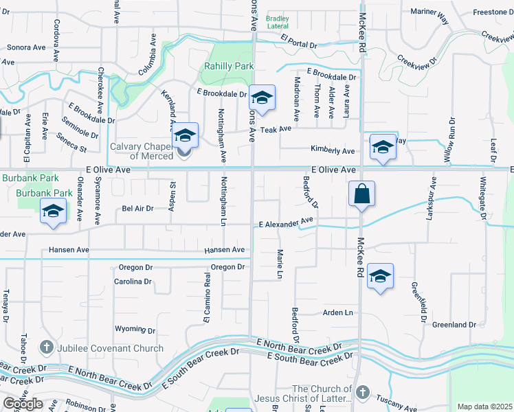 map of restaurants, bars, coffee shops, grocery stores, and more near 1700 Elayne Drive in Merced