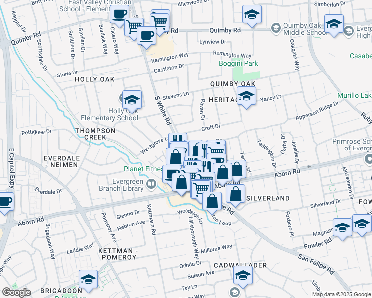 map of restaurants, bars, coffee shops, grocery stores, and more near 2863 D'Amico Drive in San Jose