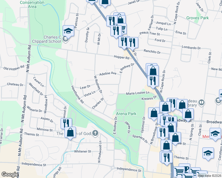 map of restaurants, bars, coffee shops, grocery stores, and more near 2731 Chrysler Avenue in Cape Girardeau