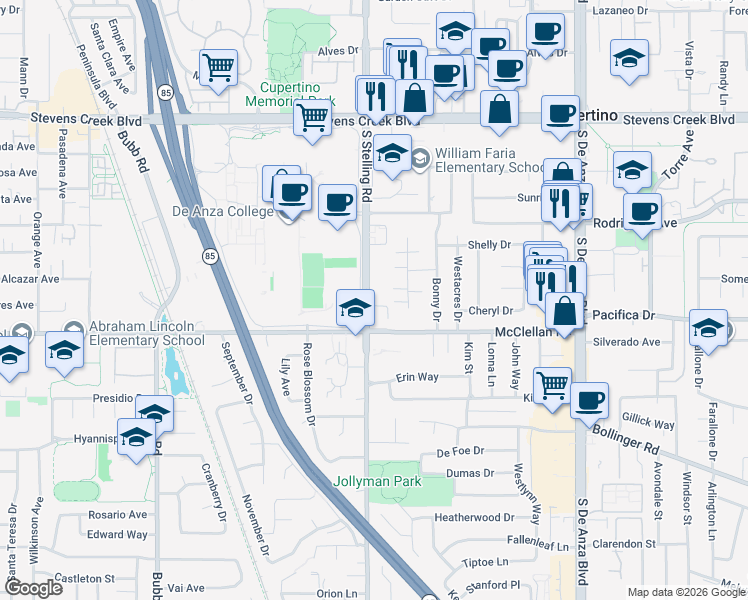 map of restaurants, bars, coffee shops, grocery stores, and more near 20997 Fairwoods Court in Cupertino