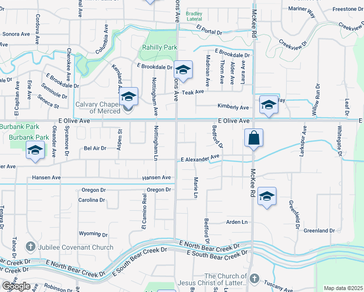 map of restaurants, bars, coffee shops, grocery stores, and more near 3049 Marie Court in Merced
