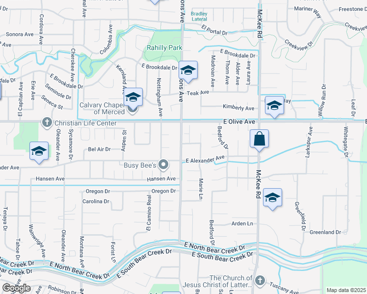 map of restaurants, bars, coffee shops, grocery stores, and more near 3045 Parsons Avenue in Merced