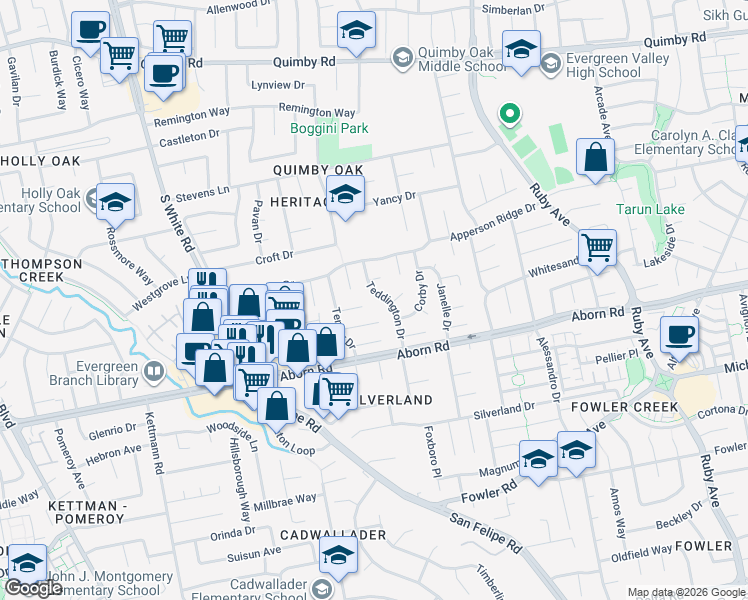 map of restaurants, bars, coffee shops, grocery stores, and more near 3137 Teddington Drive in San Jose