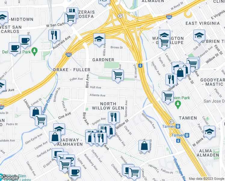 map of restaurants, bars, coffee shops, grocery stores, and more near 449 Hull Avenue in San Jose