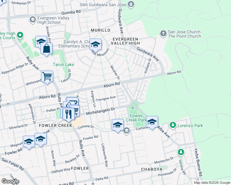 map of restaurants, bars, coffee shops, grocery stores, and more near 3317 Raphael Drive in San Jose