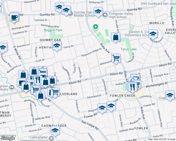 map of restaurants, bars, coffee shops, grocery stores, and more near 3259 Whiterose Drive in San Jose