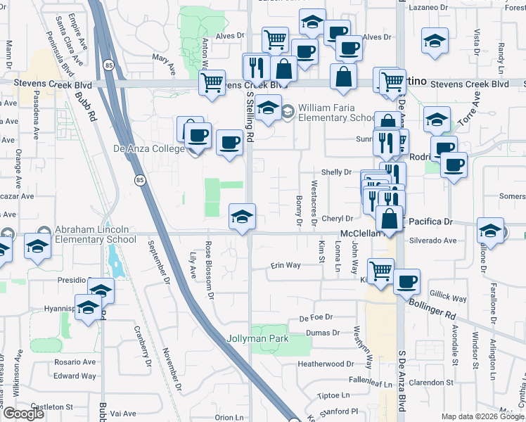 map of restaurants, bars, coffee shops, grocery stores, and more near 10411 Tula Lane in Cupertino