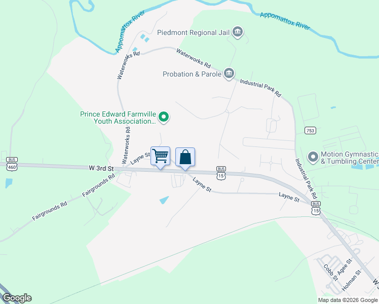map of restaurants, bars, coffee shops, grocery stores, and more near 2650 West 3rd Street in Farmville