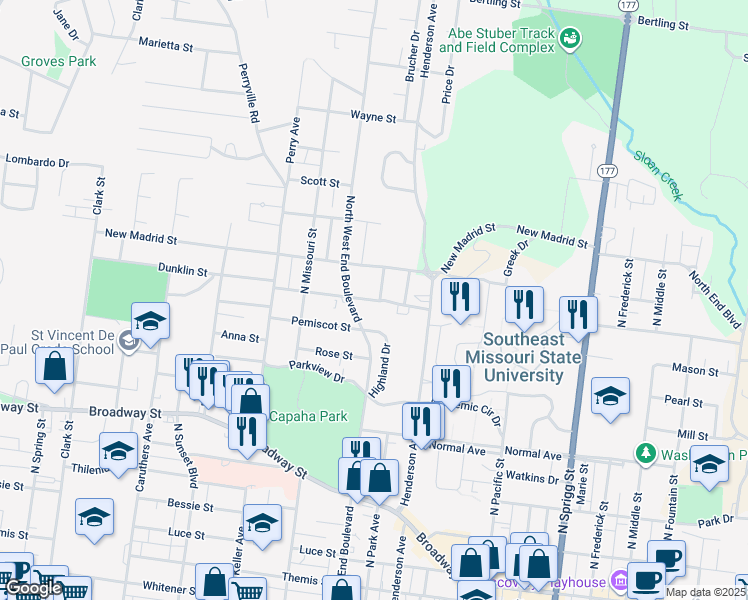 map of restaurants, bars, coffee shops, grocery stores, and more near 1414 Dunklin Street in Cape Girardeau