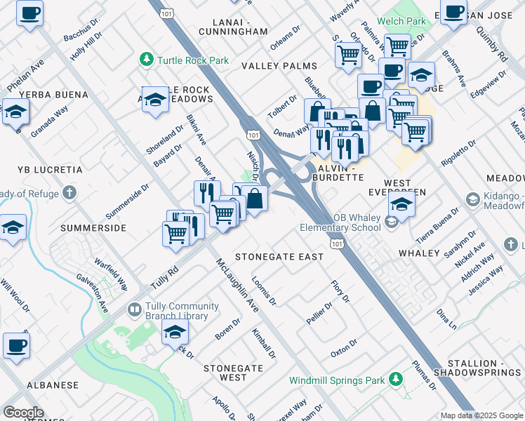 map of restaurants, bars, coffee shops, grocery stores, and more near 1394 Tully Road in San Jose