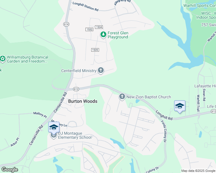 map of restaurants, bars, coffee shops, grocery stores, and more near Longhill Road in Williamsburg