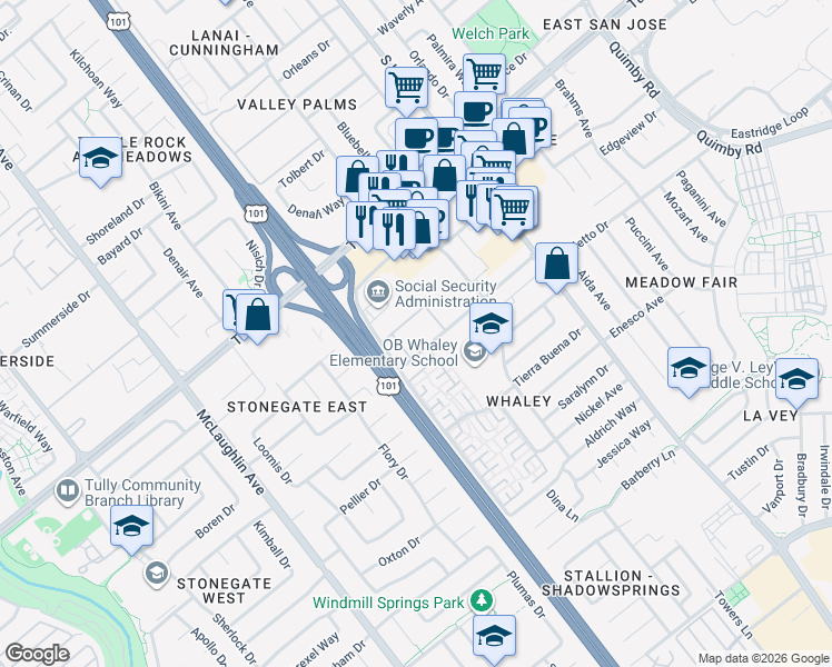 map of restaurants, bars, coffee shops, grocery stores, and more near 2557 Alvin Avenue in San Jose