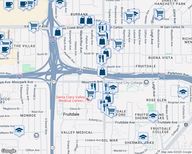 map of restaurants, bars, coffee shops, grocery stores, and more near 2238 Central Way in San Jose