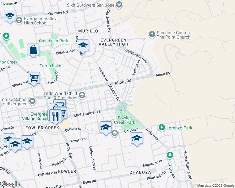 map of restaurants, bars, coffee shops, grocery stores, and more near 3944 Mosher Drive in San Jose