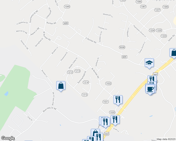 map of restaurants, bars, coffee shops, grocery stores, and more near 1720 Summerfield Drive in Roanoke