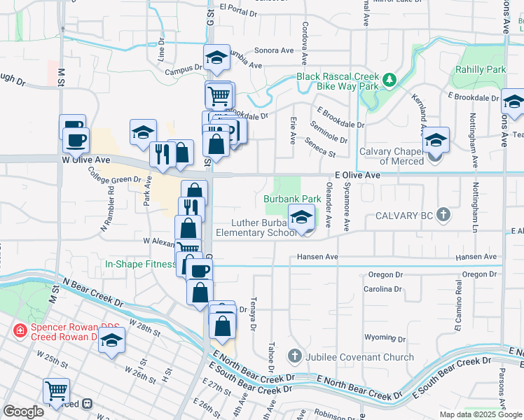 map of restaurants, bars, coffee shops, grocery stores, and more near 3046 El Capitan Avenue in Merced